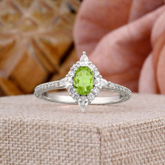 Vintage 4 Prong Oval Cut Peridot Engagement Ring Cluster Pave Bridal Ring