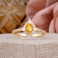 Vintage Oval Cut Citrine Engagement Ring Cluster Pave Bridal Ring