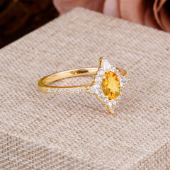 Vintage Oval Cut Citrine Engagement Ring Cluster Pave Bridal Ring