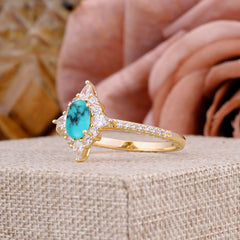 Vintage 4 Prong Oval Cut Turquoise Engagement Ring Cluster Pave Bridal Ring