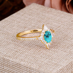 Vintage 4 Prong Oval Cut Turquoise Engagement Ring Cluster Pave Bridal Ring