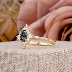 Vintage 4 Prong Oval Cut Black Rutilated Quartz Engagement Ring Cluster Pave Bridal Ring