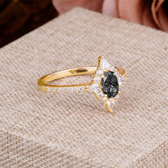 Vintage 4 Prong Oval Cut Black Rutilated Quartz Engagement Ring Cluster Pave Bridal Ring