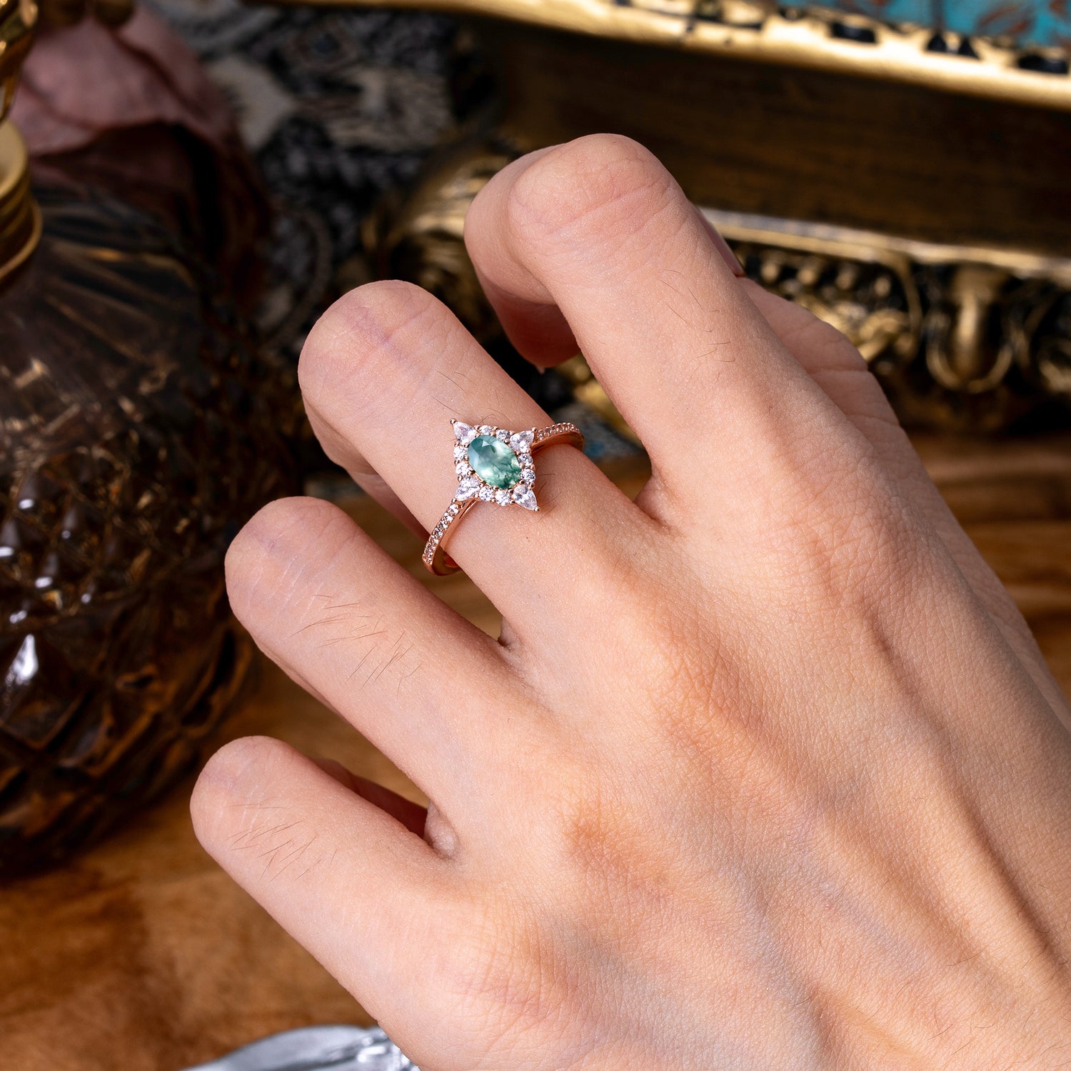 Vintage Oval Cut Moss Agate Engagement Ring Cluster Pave Bridal Ring