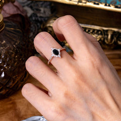 Vintage 4 Prong Oval Cut Black Onyx Engagement Ring Cluster Pave Bridal Ring