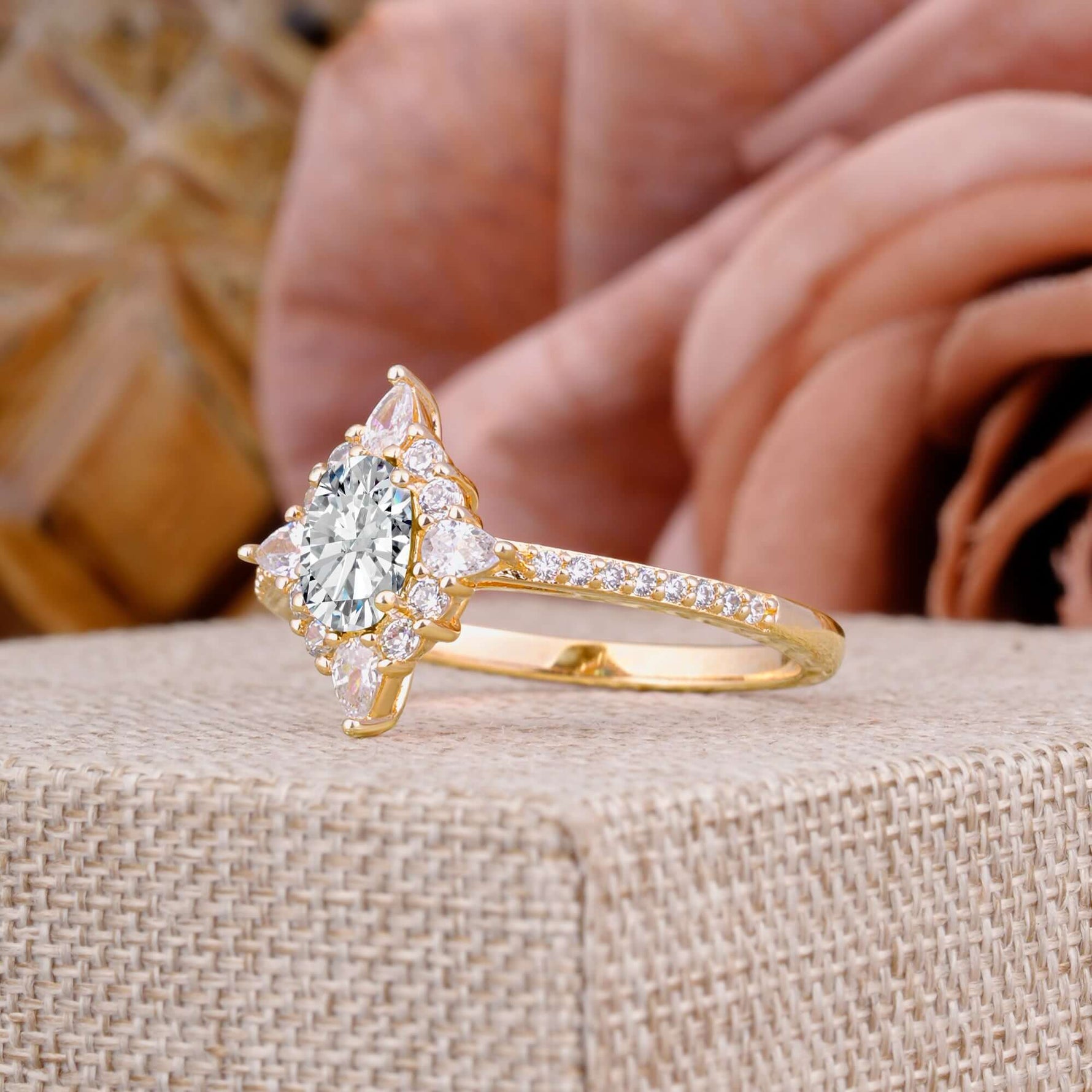 Vintage 4 Prong Oval Cut  Lab Diamond Engagement Ring Cluster Pave Bridal Ring in gold setting with round cut center stone.