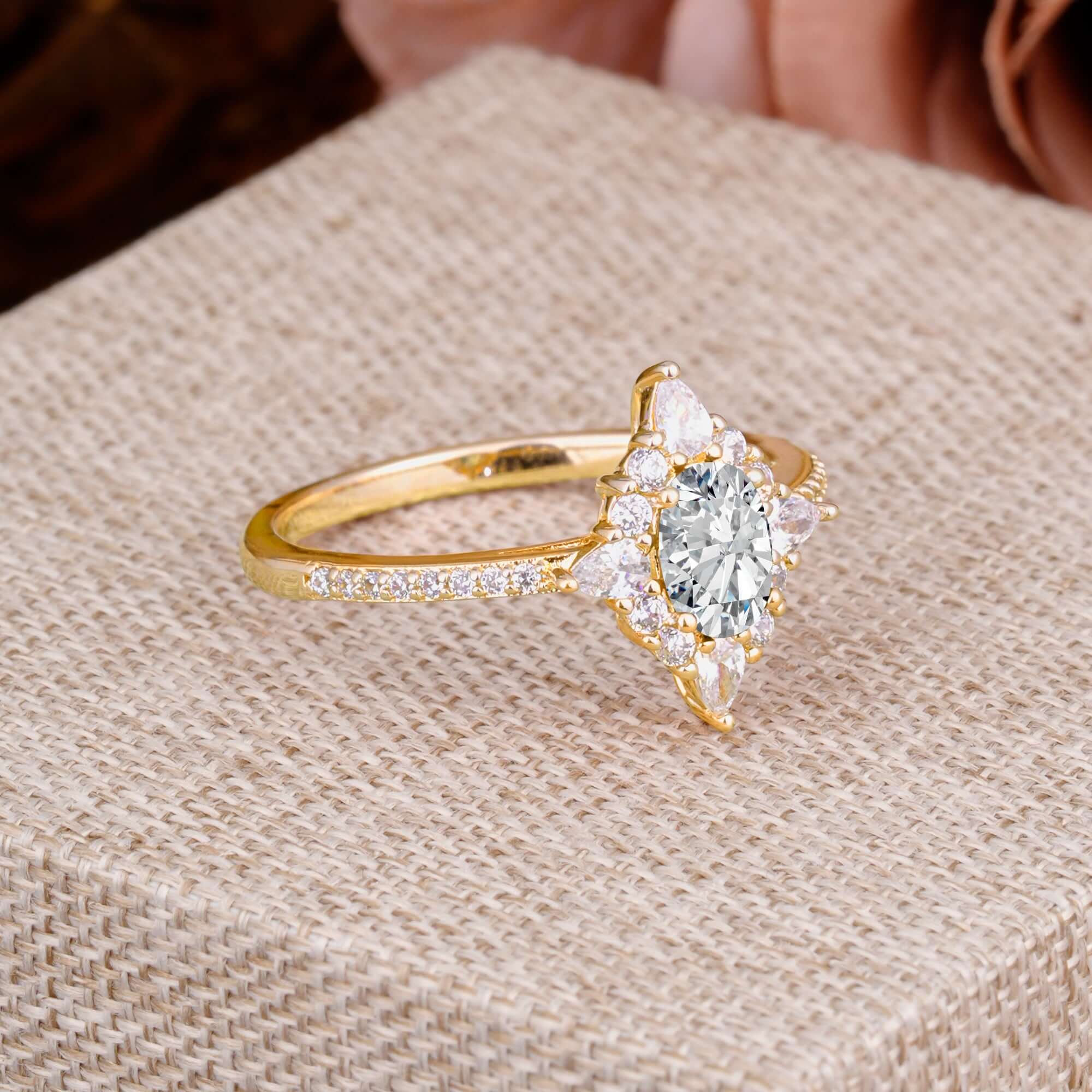 Vintage 4 Prong Oval Cut  Lab Diamond Engagement Ring Cluster Pave Bridal Ring on display.