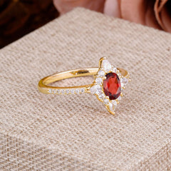 Vintage 4 Prong Oval Cut Garnet Engagement Ring Cluster Pave Bridal Ring