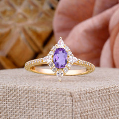Vintage 4 Prong Oval Cut Amethyst Engagement Ring Cluster Pave Bridal Ring