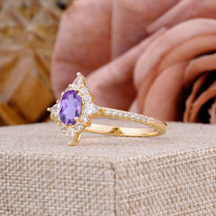 Vintage 4 Prong Oval Cut Amethyst Engagement Ring Cluster Pave Bridal Ring
