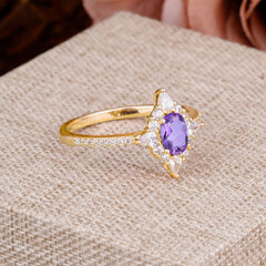 Vintage 4 Prong Oval Cut Amethyst Engagement Ring Cluster Pave Bridal Ring