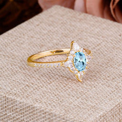 Vintage 4 Prong Oval Cut Aquamarine Engagement Ring Cluster Pave Bridal Ring