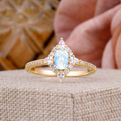 Vintage 4 Prong Oval Cut Moonstone Engagement Ring Cluster Pave Bridal Ring