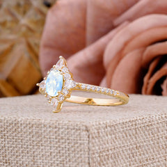 Vintage 4 Prong Oval Cut Moonstone Engagement Ring Cluster Pave Bridal Ring