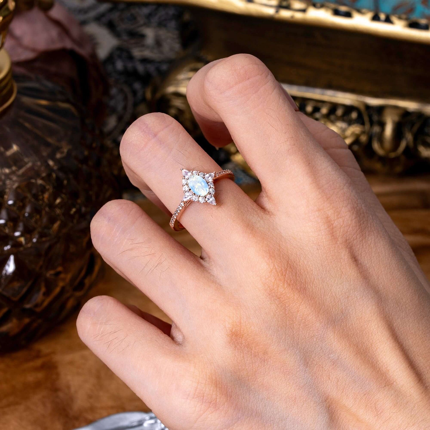 Vintage 4 Prong Oval Cut Moonstone Engagement Ring Cluster Pave Bridal Ring