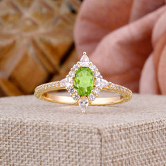 Vintage 4 Prong Oval Cut Peridot Engagement Ring Cluster Pave Bridal Ring