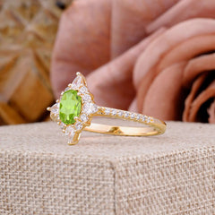 Vintage 4 Prong Oval Cut Peridot Engagement Ring Cluster Pave Bridal Ring