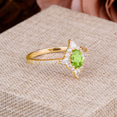 Vintage 4 Prong Oval Cut Peridot Engagement Ring Cluster Pave Bridal Ring