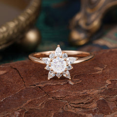 Cluster Lab Grown Moissanite Engagement Ring Round Cut Floral Bridal Ring