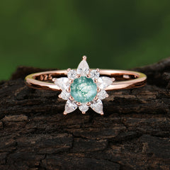 Cluster Lab Grown Moss Agate Engagement Ring Round Cut Floral Bridal Ring