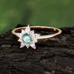 Cluster Lab Grown Moss Agate Engagement Ring Round Cut Floral Bridal Ring