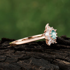 Cluster Lab Grown Moss Agate Engagement Ring Round Cut Floral Bridal Ring