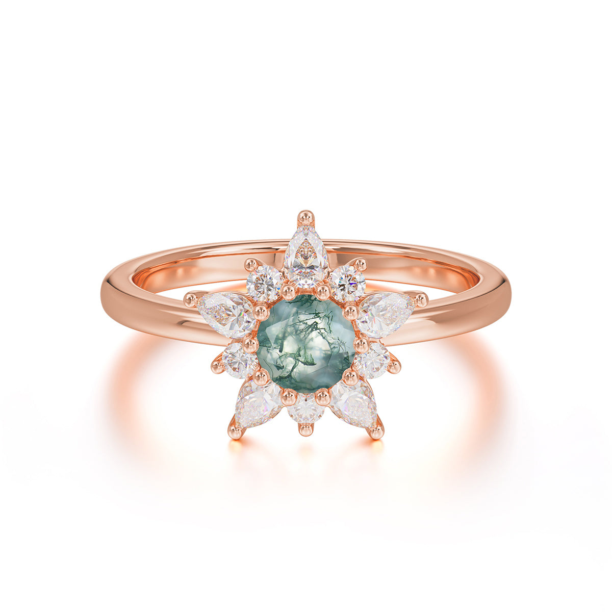Cluster Lab Grown Moss Agate Engagement Ring Round Cut Floral Bridal Ring