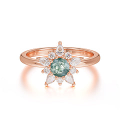 Cluster Lab Grown Moss Agate Engagement Ring Round Cut Floral Bridal Ring