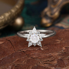 Cluster Lab Grown Moissanite Engagement Ring Round Cut Floral Bridal Ring