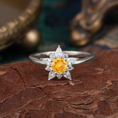 Lab Grown Citrine Engagement Ring | Floral Moissanite Cluster Setting
