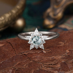 Cluster Lab Grown Moss Agate Engagement Ring Round Cut Floral Bridal Ring
