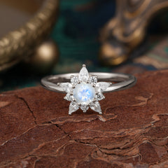 Natural Moonstone Engagement Ring | Floral Moonstone Cluster Setting