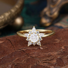 Cluster Lab Grown Moissanite Engagement Ring Round Cut Floral Bridal Ring