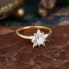 Cluster Lab Grown Moissanite Engagement Ring Round Cut Floral Bridal Ring