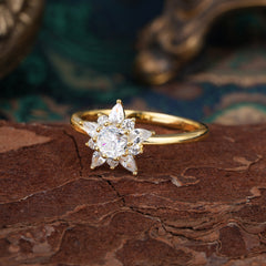 Cluster Lab Grown Moissanite Engagement Ring Round Cut Floral Bridal Ring