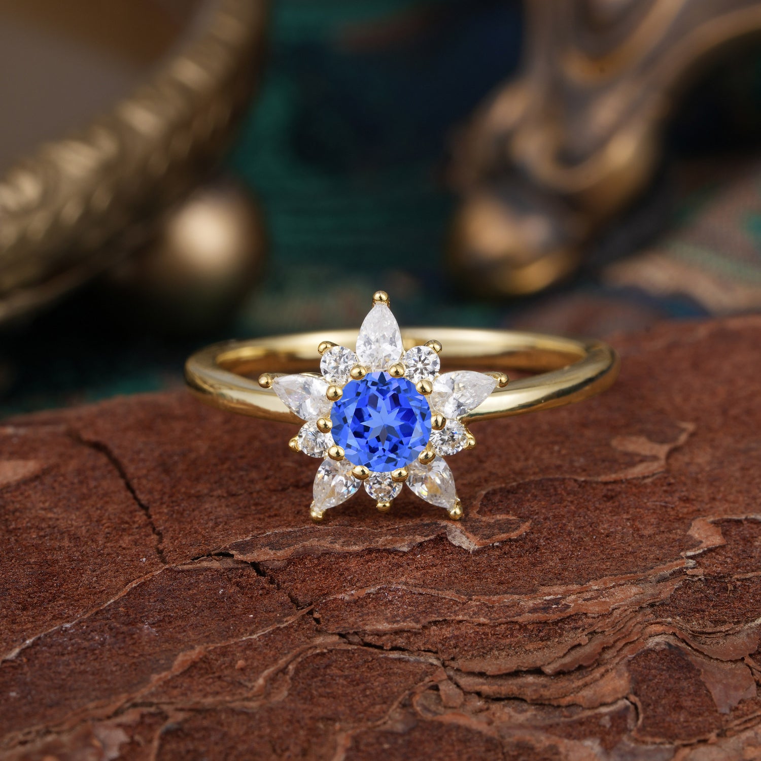 Cluster Lab Grown Sapphire Engagement Ring Round Cut Floral Bridal Ring - Romalar Jewelry