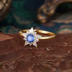 Cluster Lab Grown Sapphire Engagement Ring Round Cut Floral Bridal Ring