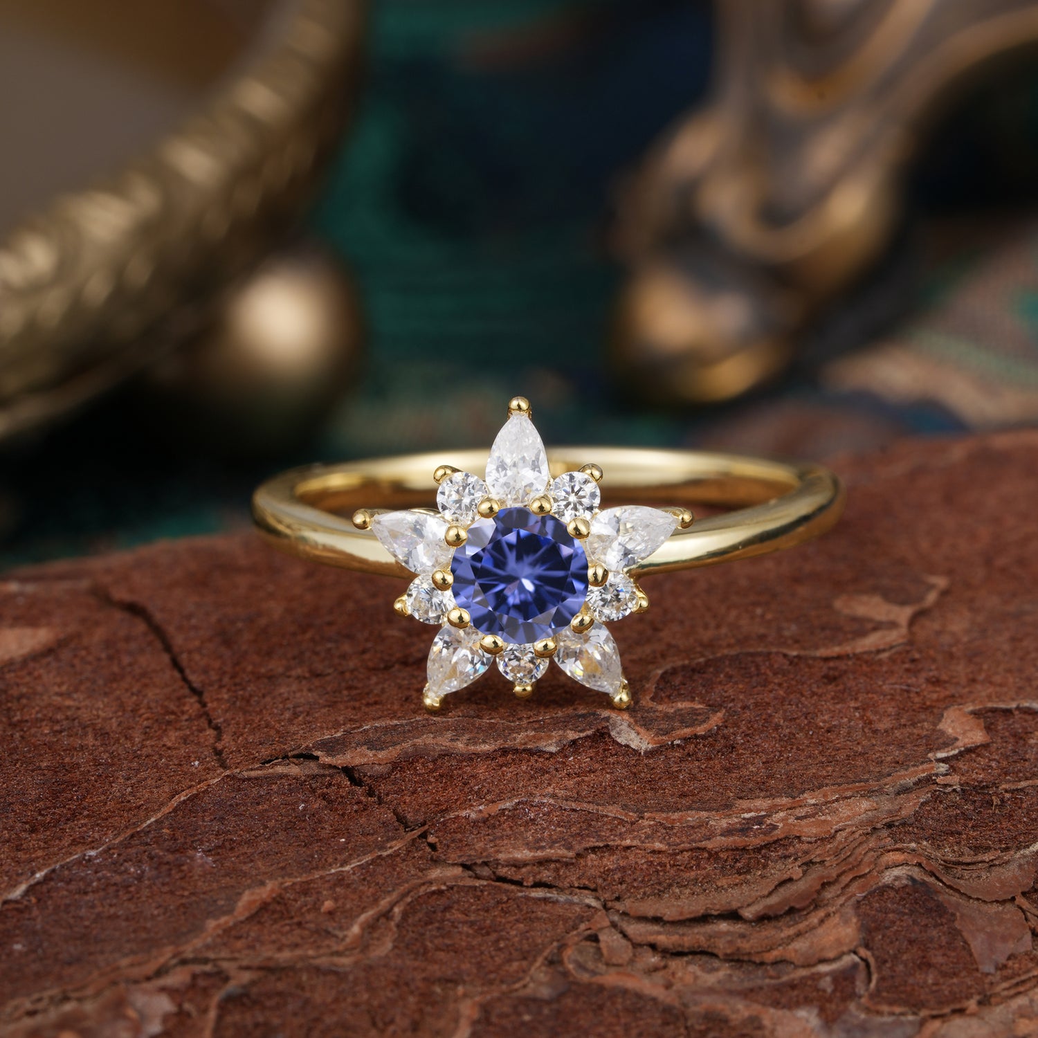 Natural Tanzanite Engagement Ring | Floral Tanzanite Cluster Setting - Romalar Jewelry