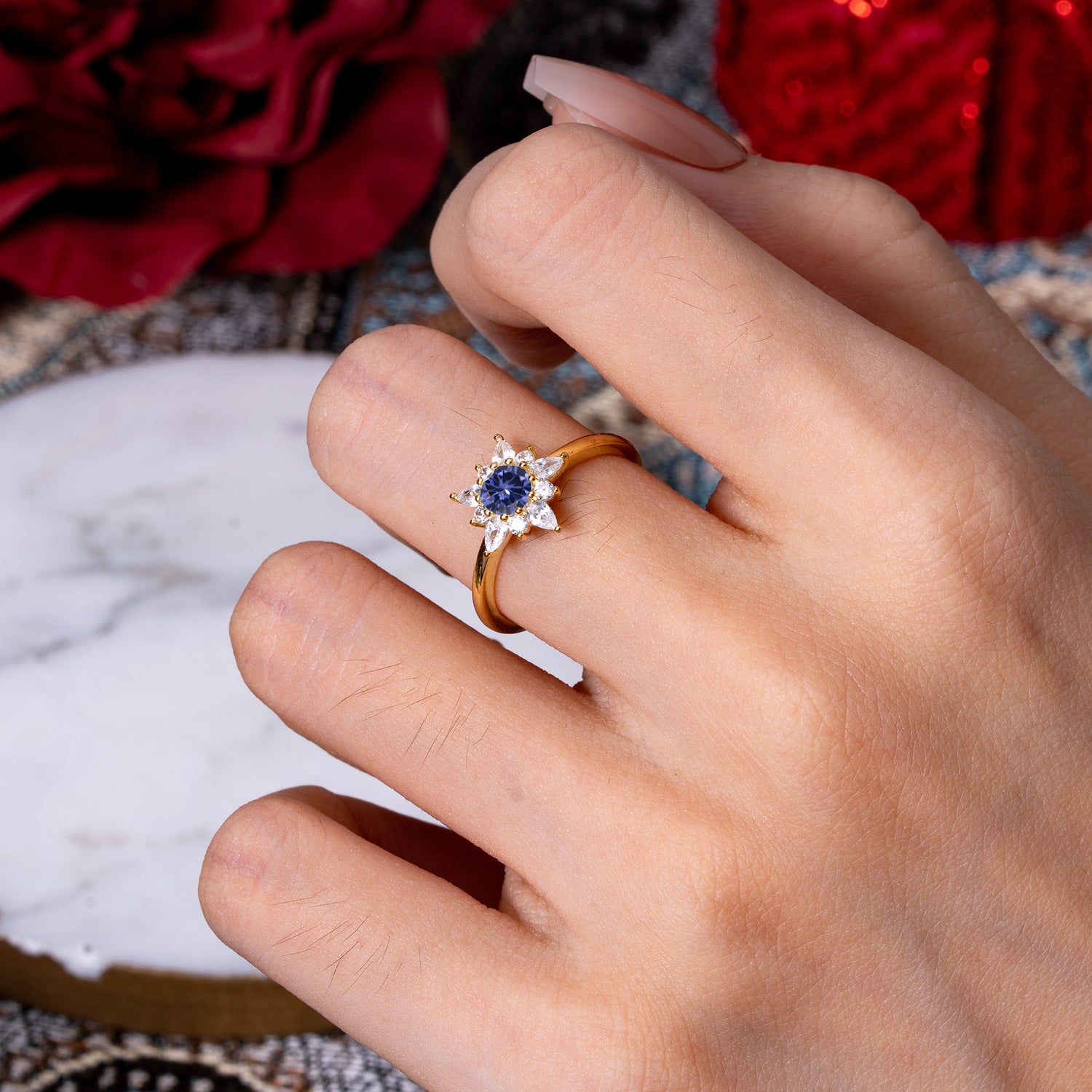 Natural Tanzanite Engagement Ring | Floral Tanzanite Cluster Setting - Romalar Jewelry