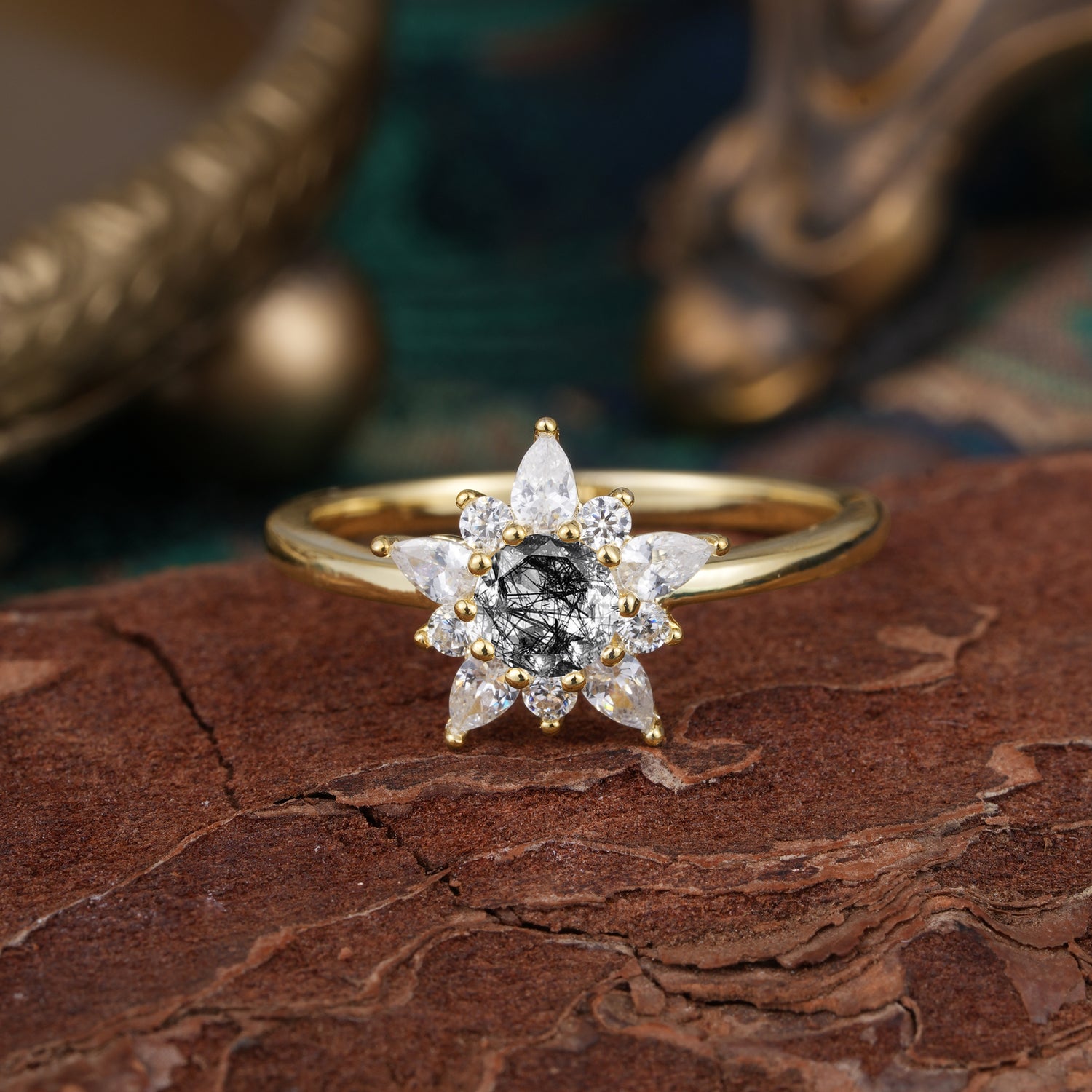 Natural Black Rutilated Quartz Engagement Ring | Floral Black Rutilated Quartz Cluster Setting