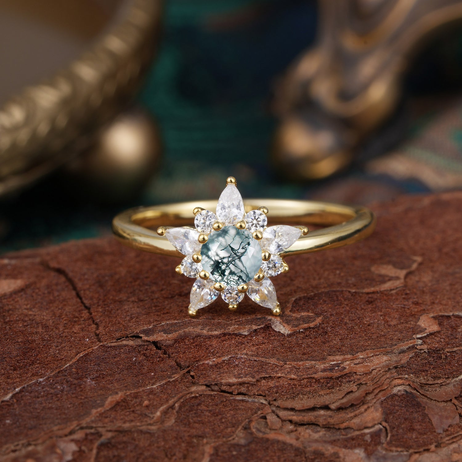 Cluster Natural Moss Agate Engagement Ring Round Cut Floral Bridal Ring