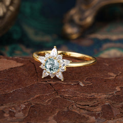 Cluster Lab Grown Moss Agate Engagement Ring Round Cut Floral Bridal Ring
