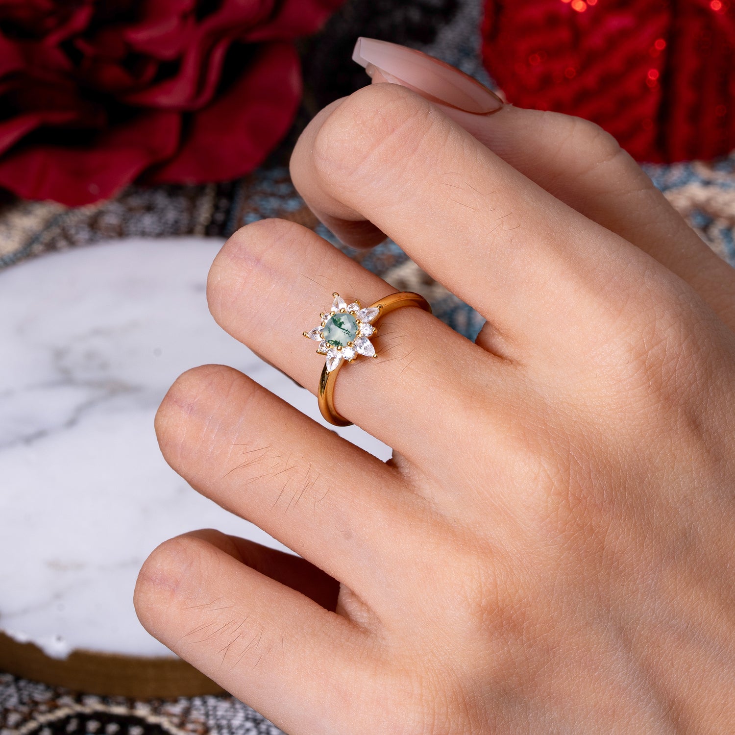 Cluster Natural Moss Agate Engagement Ring Round Cut Floral Bridal Ring