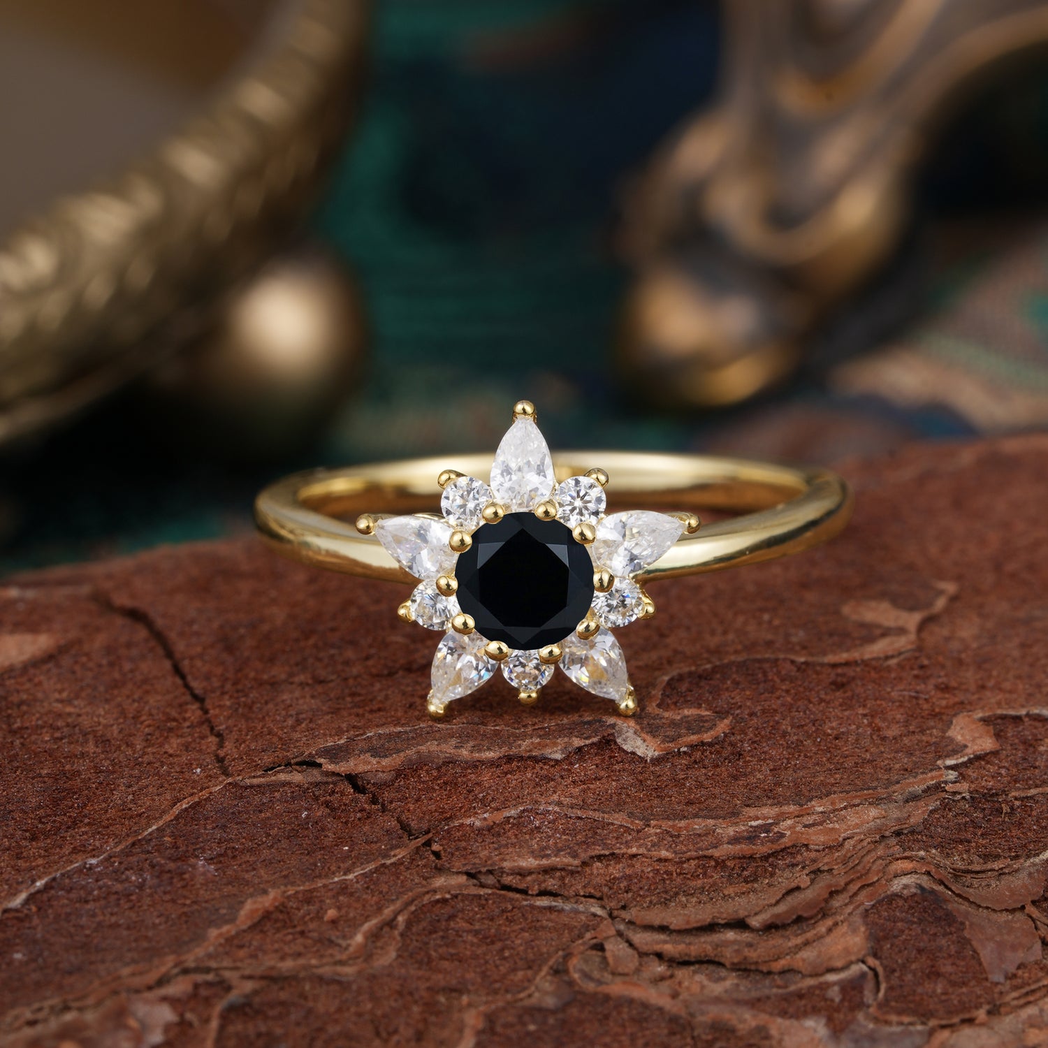 Natural Black Onyx Engagement Ring | Floral Black Onyx Cluster Setting - Romalar Jewelry