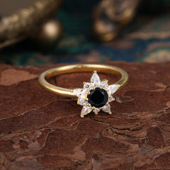 Natural Black Onyx Engagement Ring | Floral Black Onyx Cluster Setting