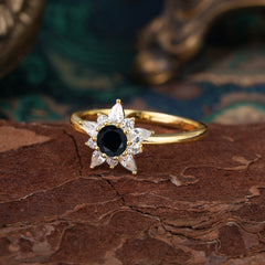 Natural Black Onyx Engagement Ring | Floral Black Onyx Cluster Setting
