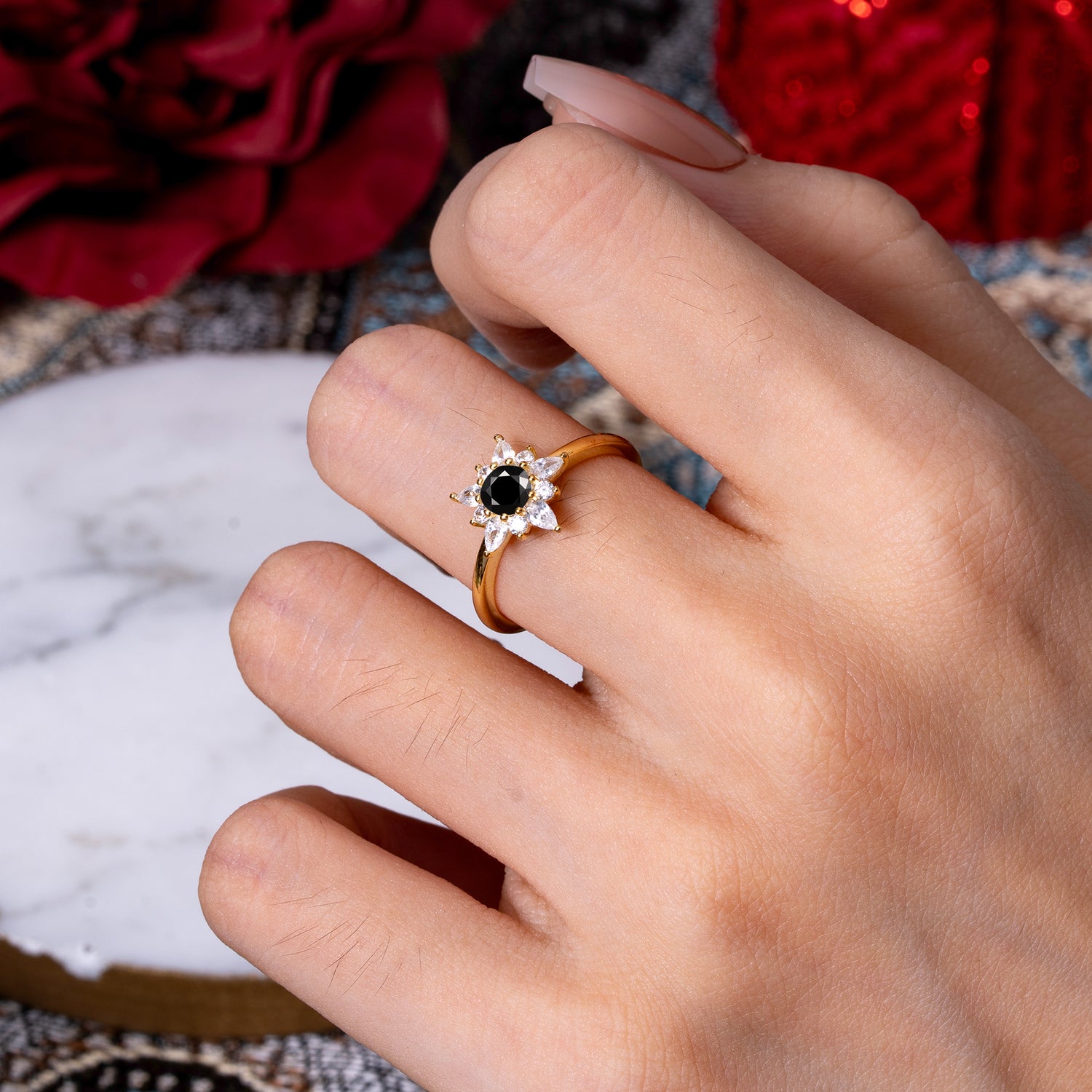 Natural Black Onyx Engagement Ring | Floral Black Onyx Cluster Setting - Romalar Jewelry