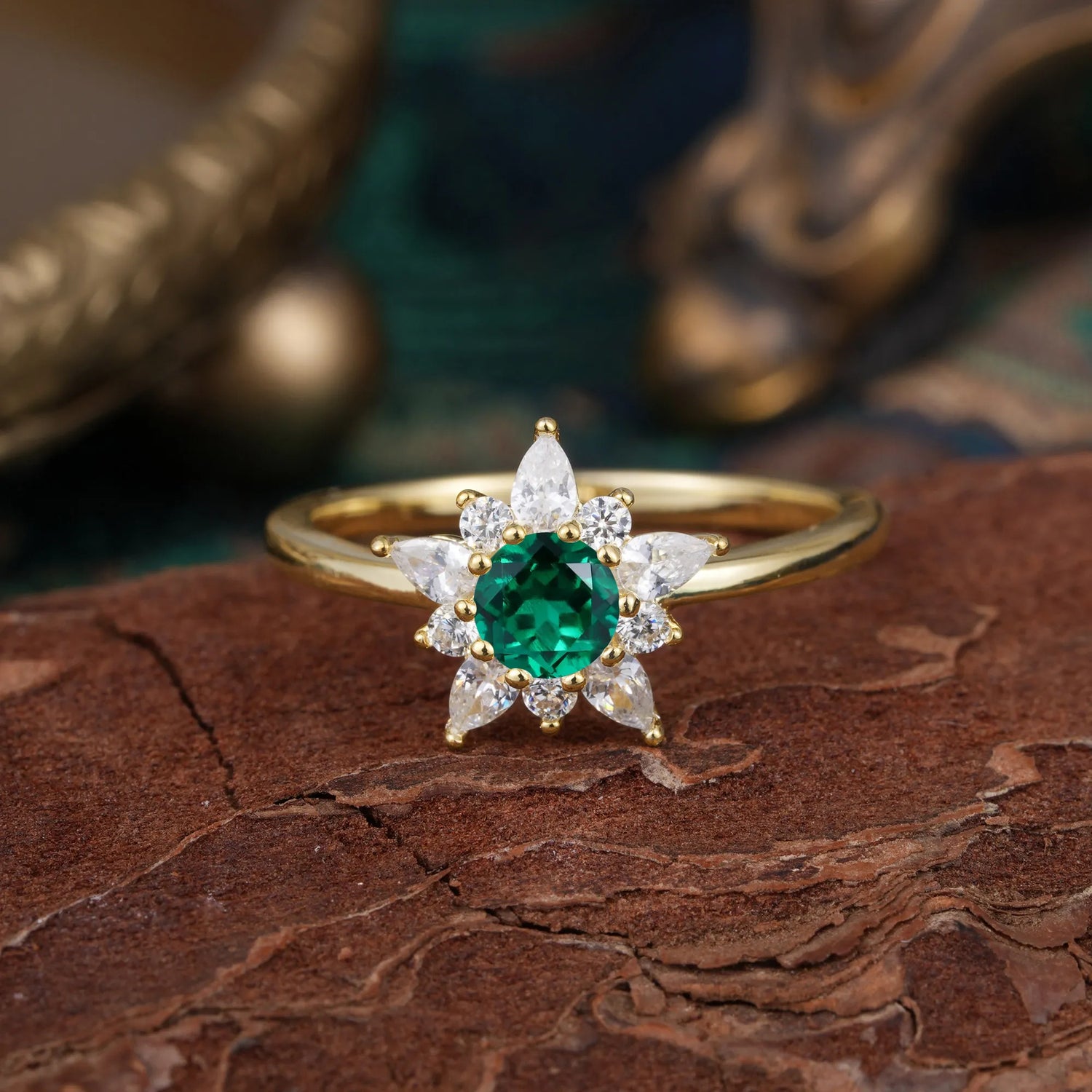 Lab Grown Emerald Engagement Ring | Floral Emerald Cluster Setting - Romalar Jewelry