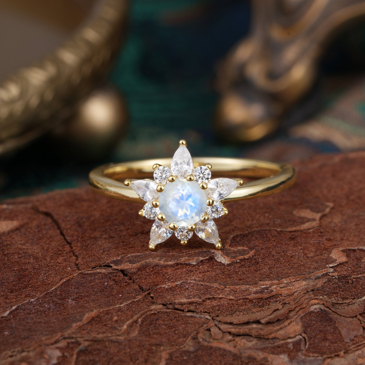 Natural Moonstone Engagement Ring | Floral Moonstone Cluster Setting - Romalar Jewelry