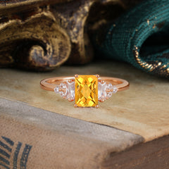 1 Carat Emerald Cut Citrine Engagement Ring Classic Side Stone Wedding Ring